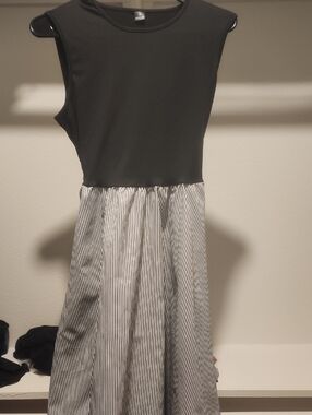 Sleeveless Black Top with Black & White Striped Skirt Dress